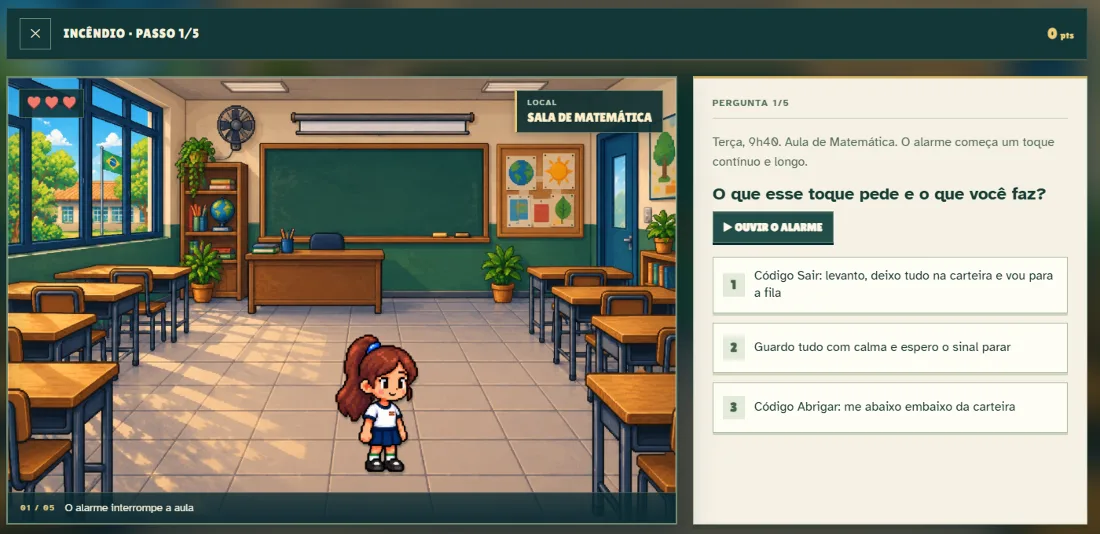 Tela do jogo: Lia na sala de aula, com a pergunta sobre o toque do alarme e o botão Ouvir o alarme